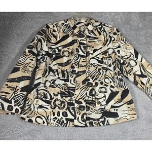 Silk Land Collection Utility Jacket Women 1X‎ Tan Black Abstract Silk Blend Good